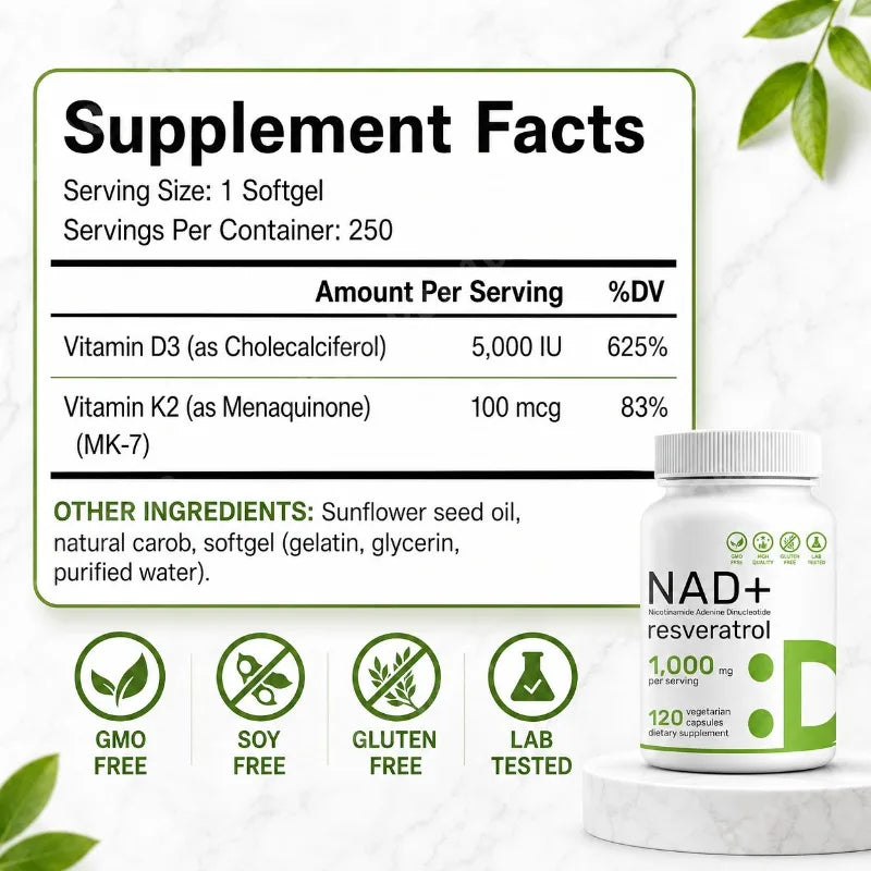 NAD+ 1000mg Resveratrol Vitamin D3 K2 – 120 Veg Capsules