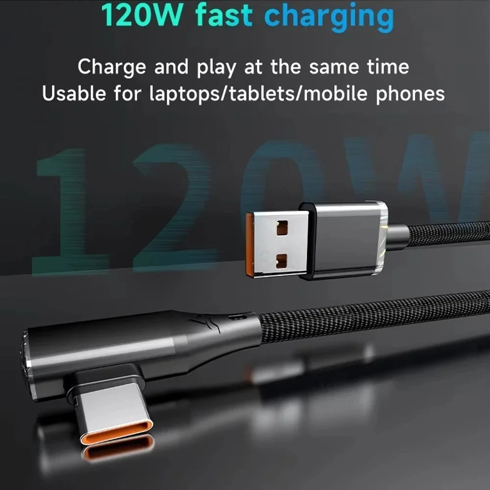 120W 6A Right Angle Type C Cable PD Fast Charging Nylon Braided 480Mbps Data Cord USB-A/C to C For Samsung Xiaomi Huawei Gaming Peaceful Pleasures Health and Wellness