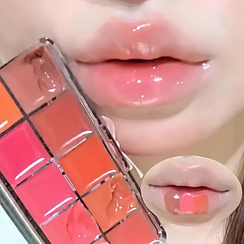 10-Color Jelly Lip Gloss Palette – Glossy Waterproof Lipstick