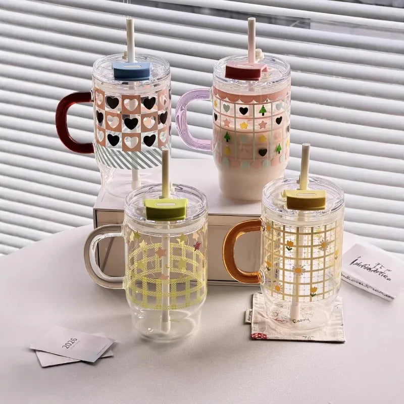 New 760ml Cartoon Printed Car Cup, High Borosilicate Glass Straw Cup with Handle, Double Drinking Car Office Casual Cup Peaceful Pleasures Health and Wellness