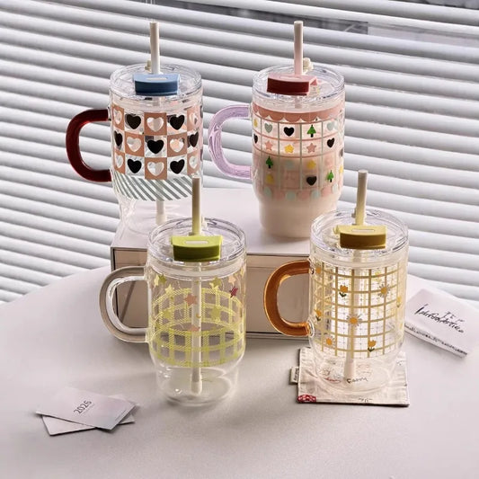 New 760ml Cartoon Printed Car Cup, High Borosilicate Glass Straw Cup with Handle, Double Drinking Car Office Casual Cup Peaceful Pleasures Health and Wellness