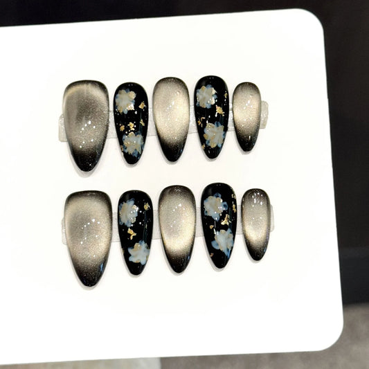10pcs Handmade Black Cat Eyes False Nails Press On Nails With Gold Foil Floral Designs Long Almond French Wearable Nail Tips Peaceful Pleasures Health and Wellness