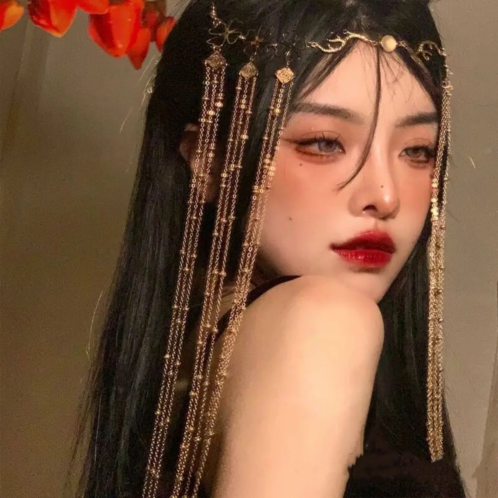Crystal Tassel Head Chain – Gold Forehead Pendant for Women