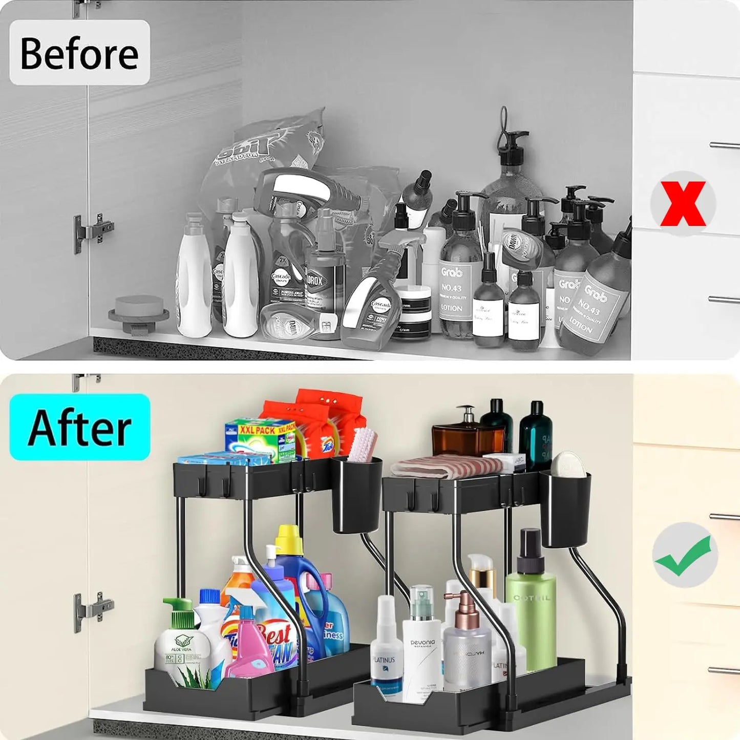 Under Sink Pull-Out Organizer with Hooks, Shelf & Spice Rack