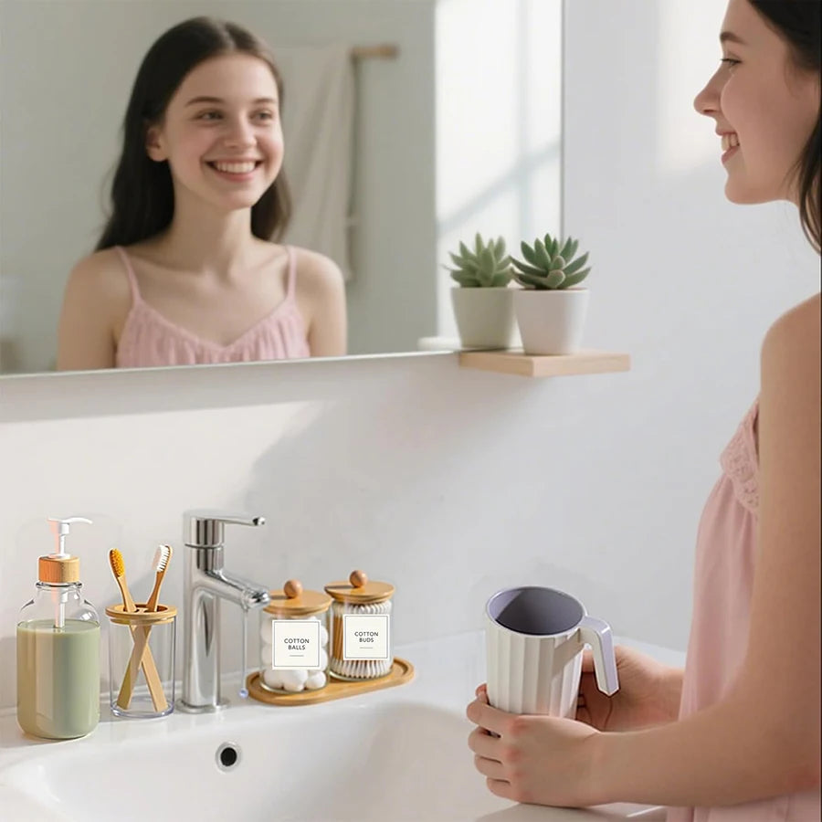 5-Piece Bamboo Bathroom Accessories Set with Tray – Soap Dispenser, Toothbrush Holder & Q-tip Jars