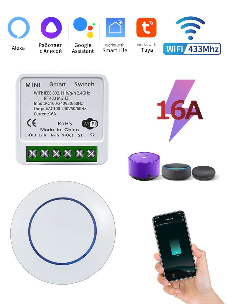 Tuya WiFi Smart Switch 20A RF433MHz – App & Voice Control