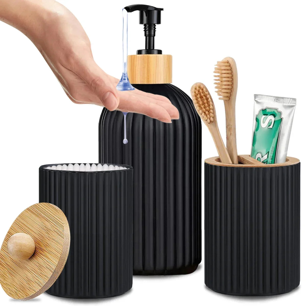 Bathroom Countertop Soap Dispenser – Plastic & Bamboo Organizer