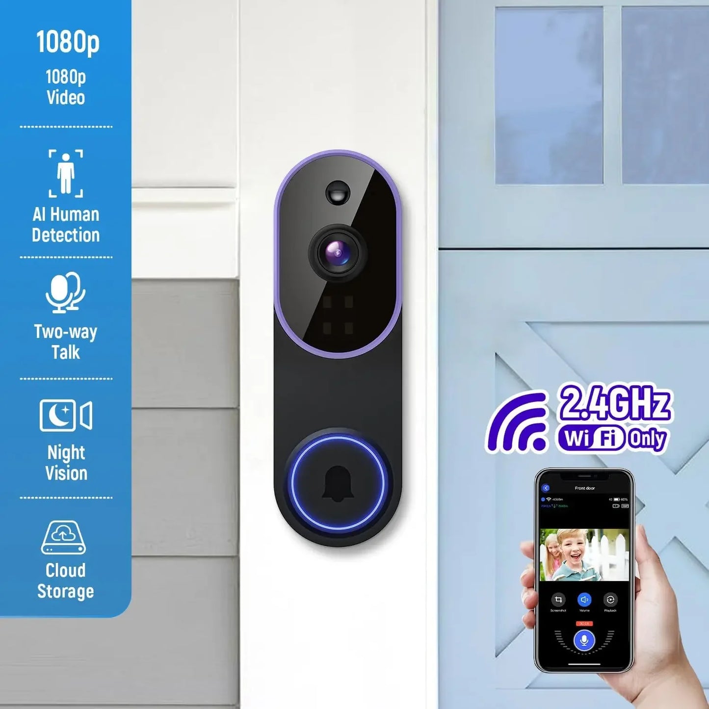 Smart Wireless Video Doorbell Camera with AI Detection, Night Vision, Cloud Storage, Battery Powered for Indoor Outdoor Use Peaceful Pleasures Health and Wellness