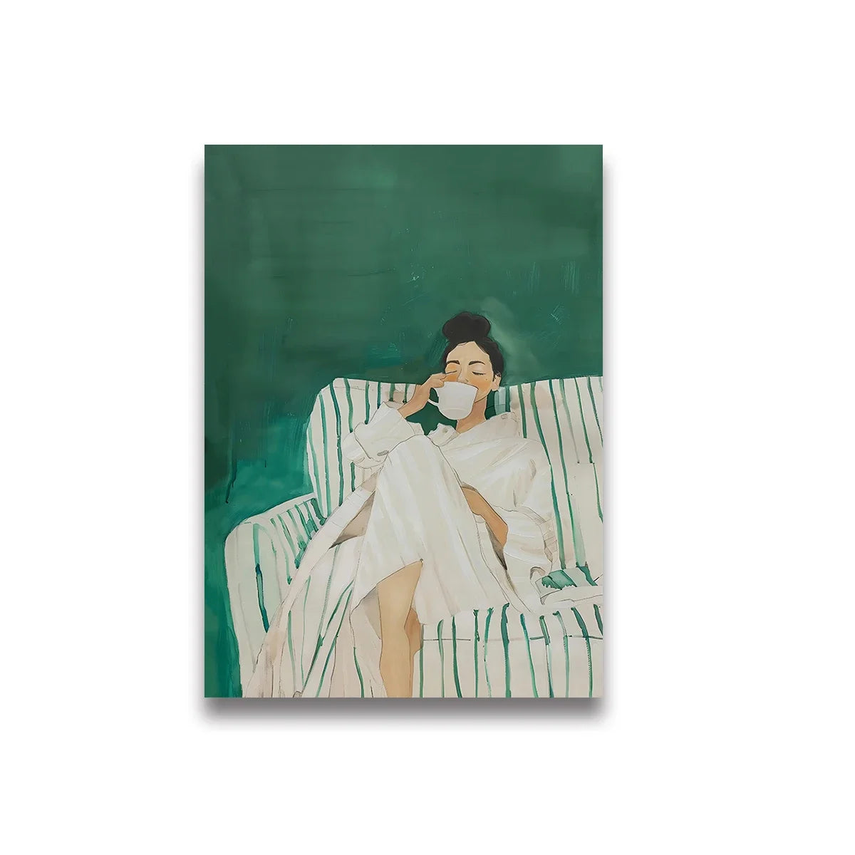 Abstract Woman Coffee Canvas Print | Green Stripe Modern Wall Art Canvas Wall Art Peaceful Pleasures Health and Wellness TL1703 50x70cm Unframed