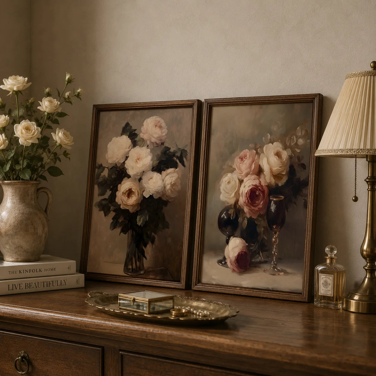 Vintage Wall Art, Rose Floral Oil Painting Canvas Painting, Neutral plant Poster Print for Bedroom Living Room Wall Decor Peaceful Pleasures Health and Wellness