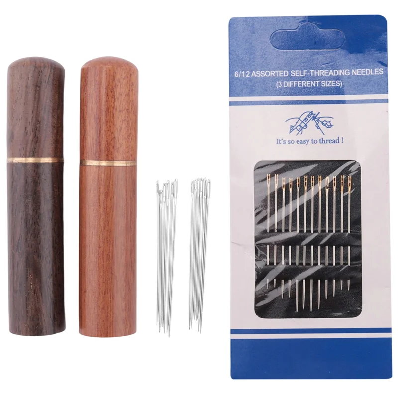A36T-2Pcs Wooden Needle Case With 12 Gold Tail Back Hanging Needles And 4 Large-Eye Leather Stitching Needles For Handmade Sewin Peaceful Pleasures Health and Wellness