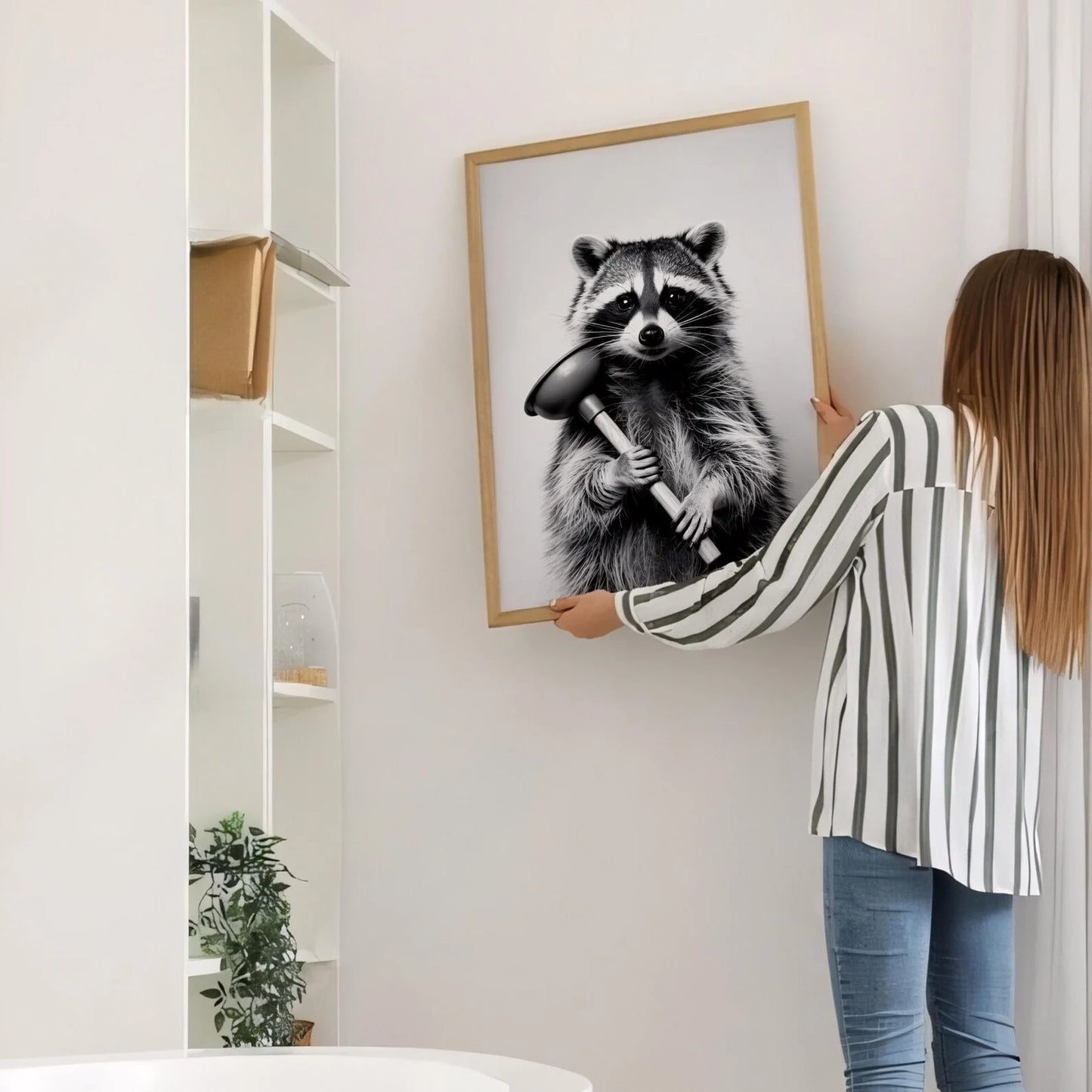 Funny Raccoon Wall Art Print – Black & White Bathroom Decor Canvas Wall Art Peaceful Pleasures Health and Wellness