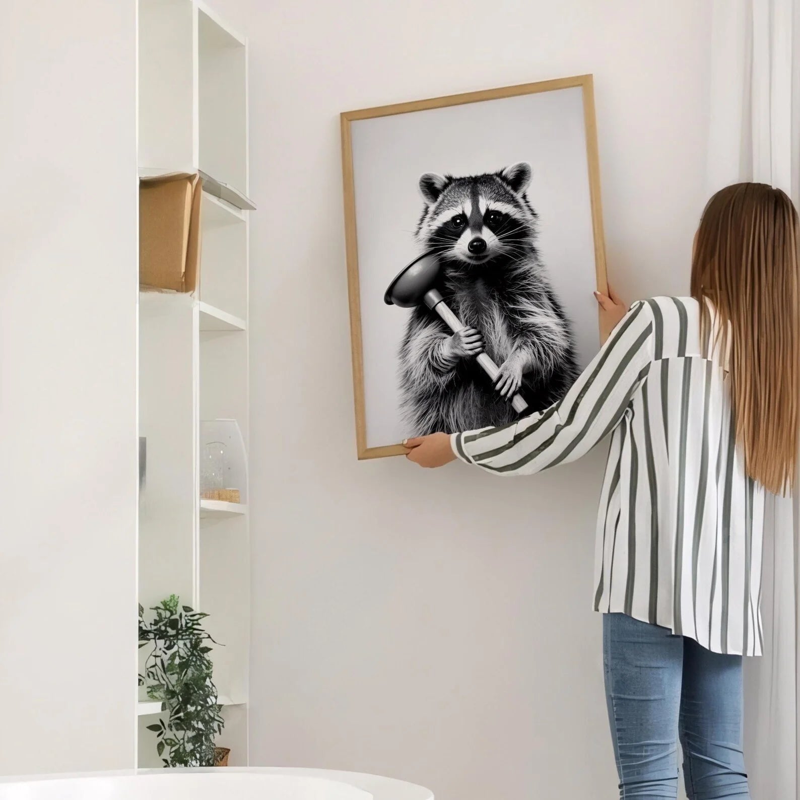 Funny Raccoon Wall Art Print – Black & White Bathroom Decor Canvas Wall Art Peaceful Pleasures Health and Wellness
