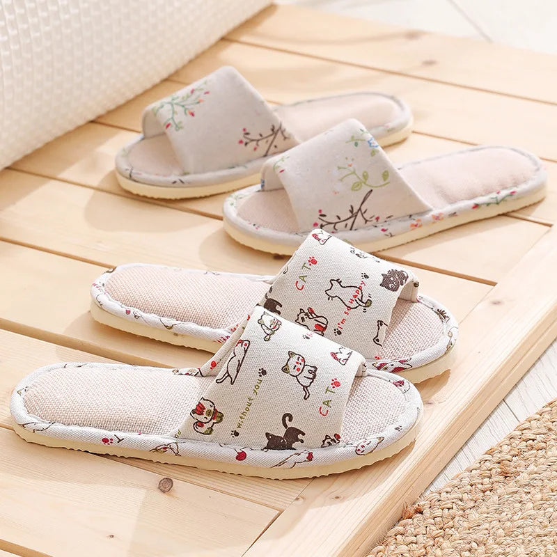 Women's Cartoon Cat Linen Slippers | Non-Slip Indoor Slides