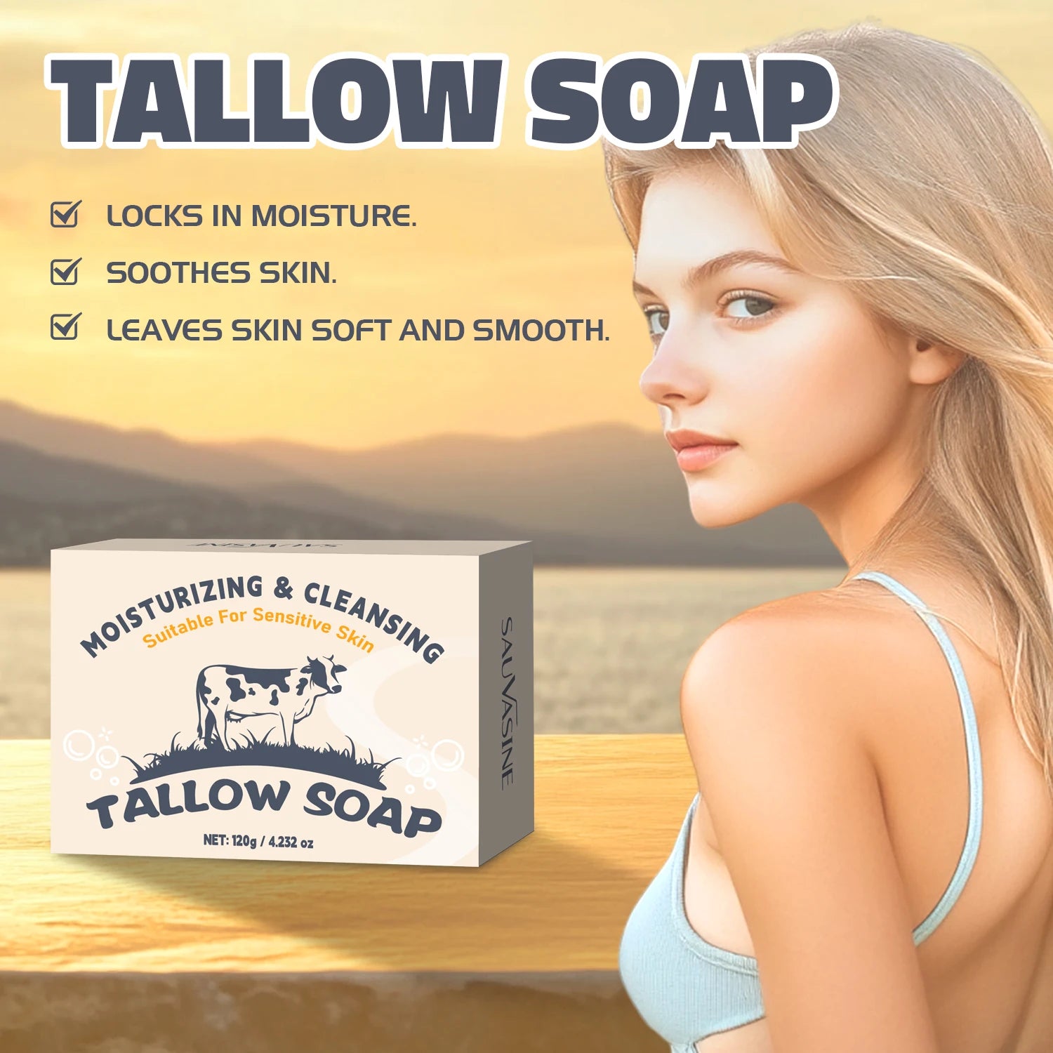 120g Handmade Beef Tallow Soap Bar Face & Body Wash Skin Moisturizer Smooth Natural Grass Fed Tallow Soap for Sensitive Skin Peaceful Pleasures Health and Wellness