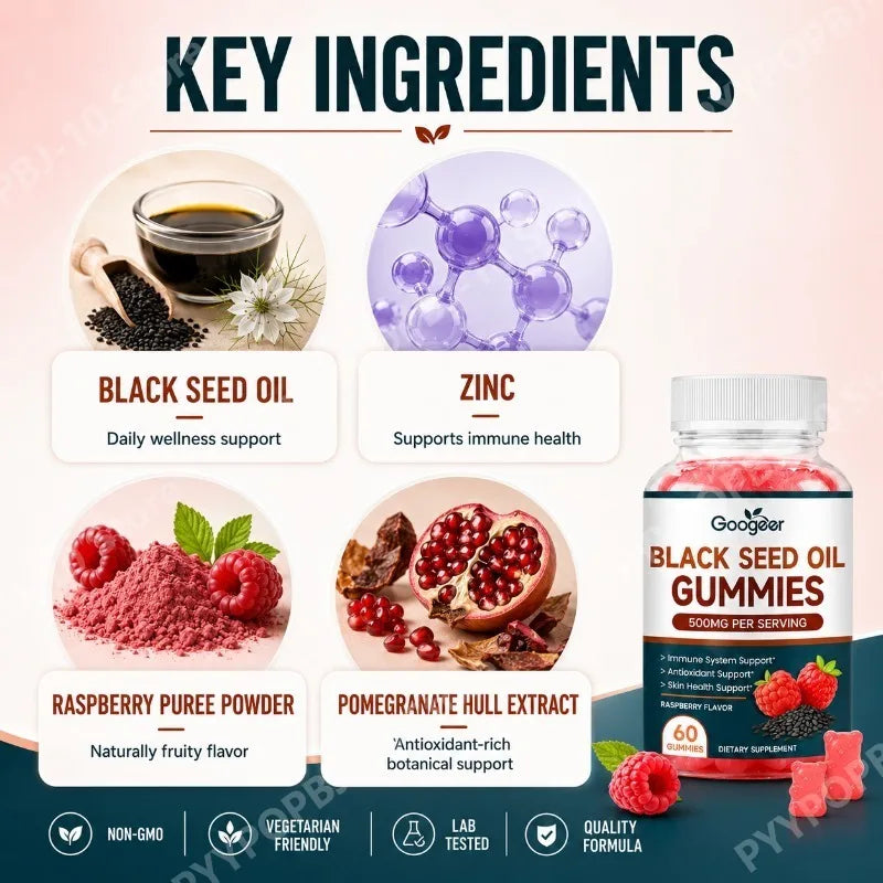 Googeer Black Seed Oil Gummies with Zinc | 60 Raspberry Gummies