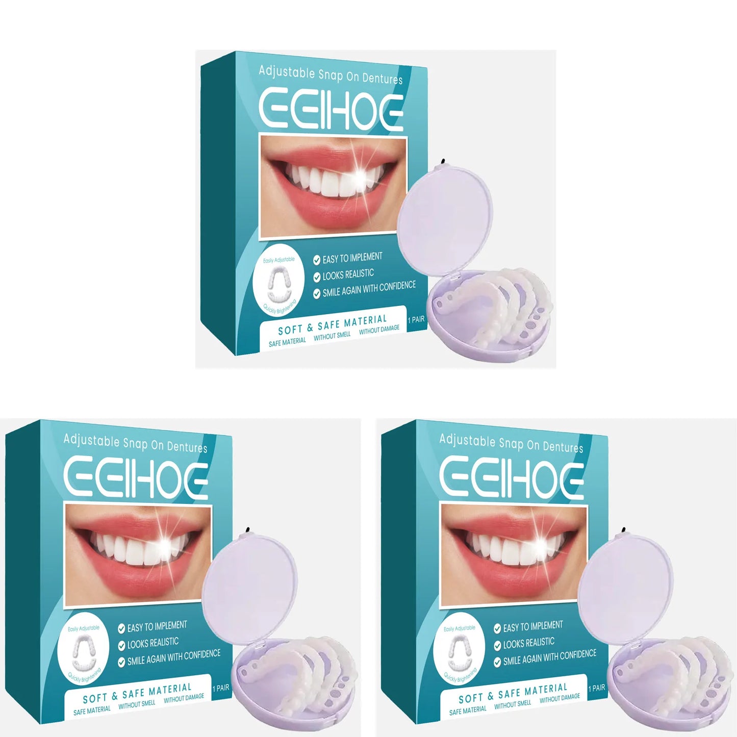 Adjustable Snap on Dentures Help Cover up Dirty Plaque Soft Comfortable Material Natural Tooth Color Adjustable Buckle Dentures Peaceful Pleasures Health and Wellness 3set Boxed