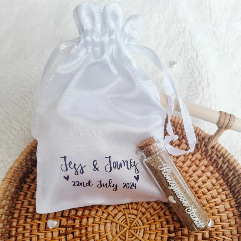 5-Pack Personalised White Satin Drawstring Bags | Wedding Favors