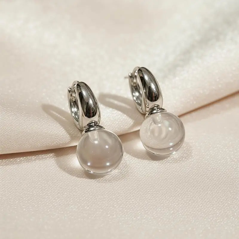 Clear Glass Ball Hoop Drop Earrings | Korean Fashion Jewelry