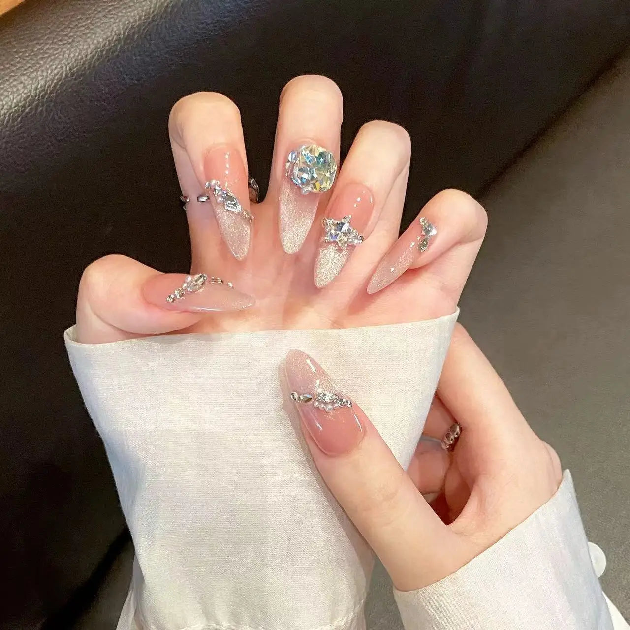 Handmade Press on Nails French Cat Eye Pink Sweet Fake Nails with Large Crystal Design Wearable Korean Style False Nail Tips Peaceful Pleasures Health and Wellness XS