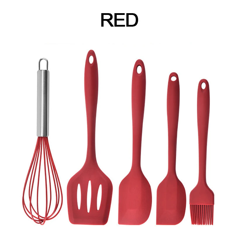 5-Piece Silicone Kitchen Utensil Set – Non-Stick Spatula, Spoon, Ladle & Egg Beater with Wooden Handles
