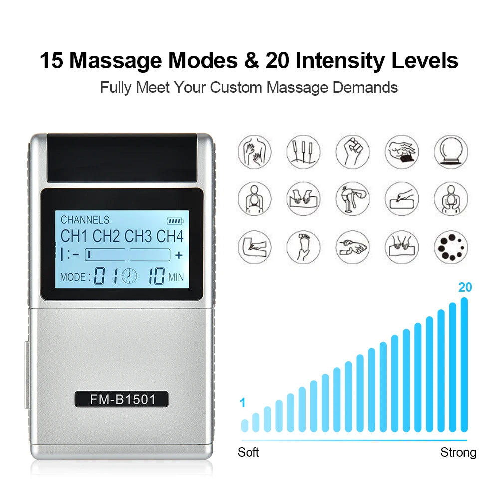 15 Modes Tens Muscle Stimulator Electric Acupuncture Body Massage Digital Therapy EMS Tens Unit Machine Back Electrostimulator Peaceful Pleasures Health and Wellness