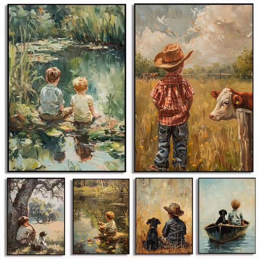 Retro Fishing Boys Canvas Wall Art | Farmhouse & Nursery Decor Canvas Wall Art Peaceful Pleasures Health and Wellness