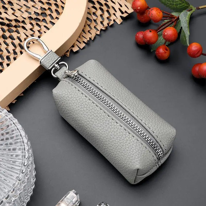 Double Zipper PU Leather Key & Coin Pouch with Metal Clip