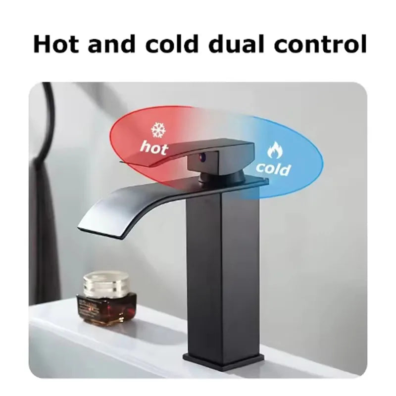 Black Stainless Steel Waterfall Basin Faucet | Hot & Cold