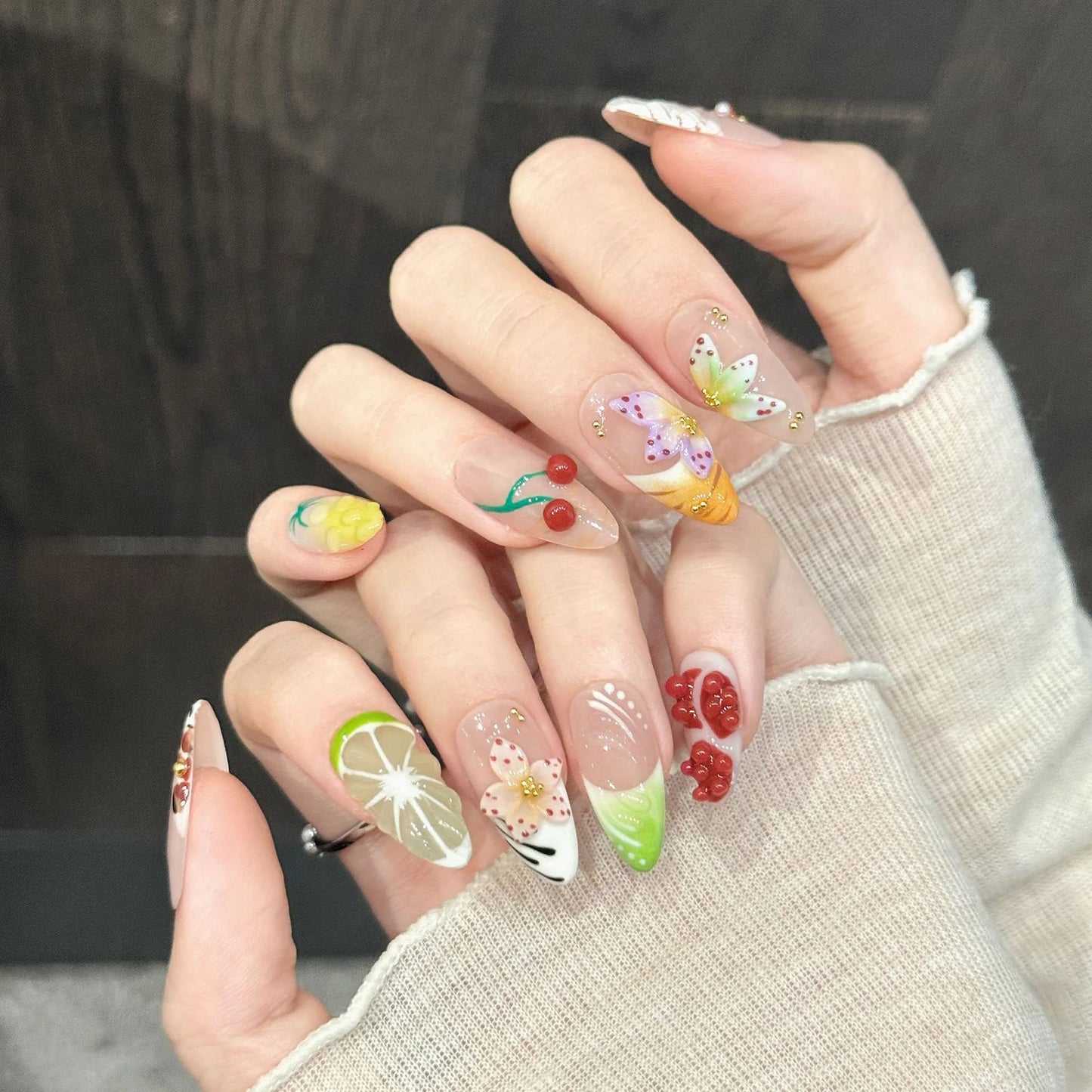 Handmade Press On Nails 3D Orange Cherry Jelly Fake Nails Decor Wearable Fashion Gradient French Almond False Nails For Women Peaceful Pleasures Health and Wellness M
