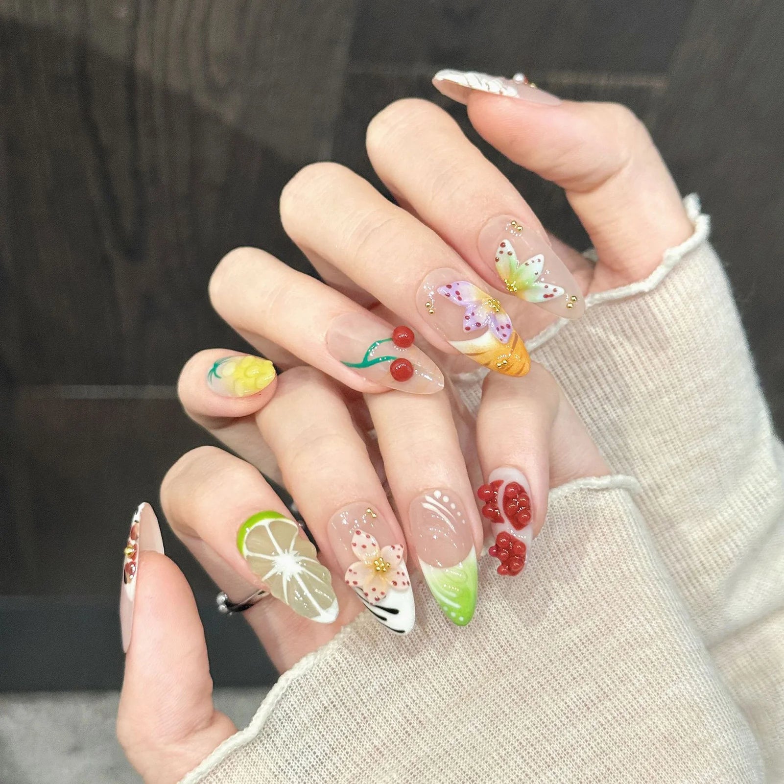 Handmade Press On Nails 3D Orange Cherry Jelly Fake Nails Decor Wearable Fashion Gradient French Almond False Nails For Women Peaceful Pleasures Health and Wellness M
