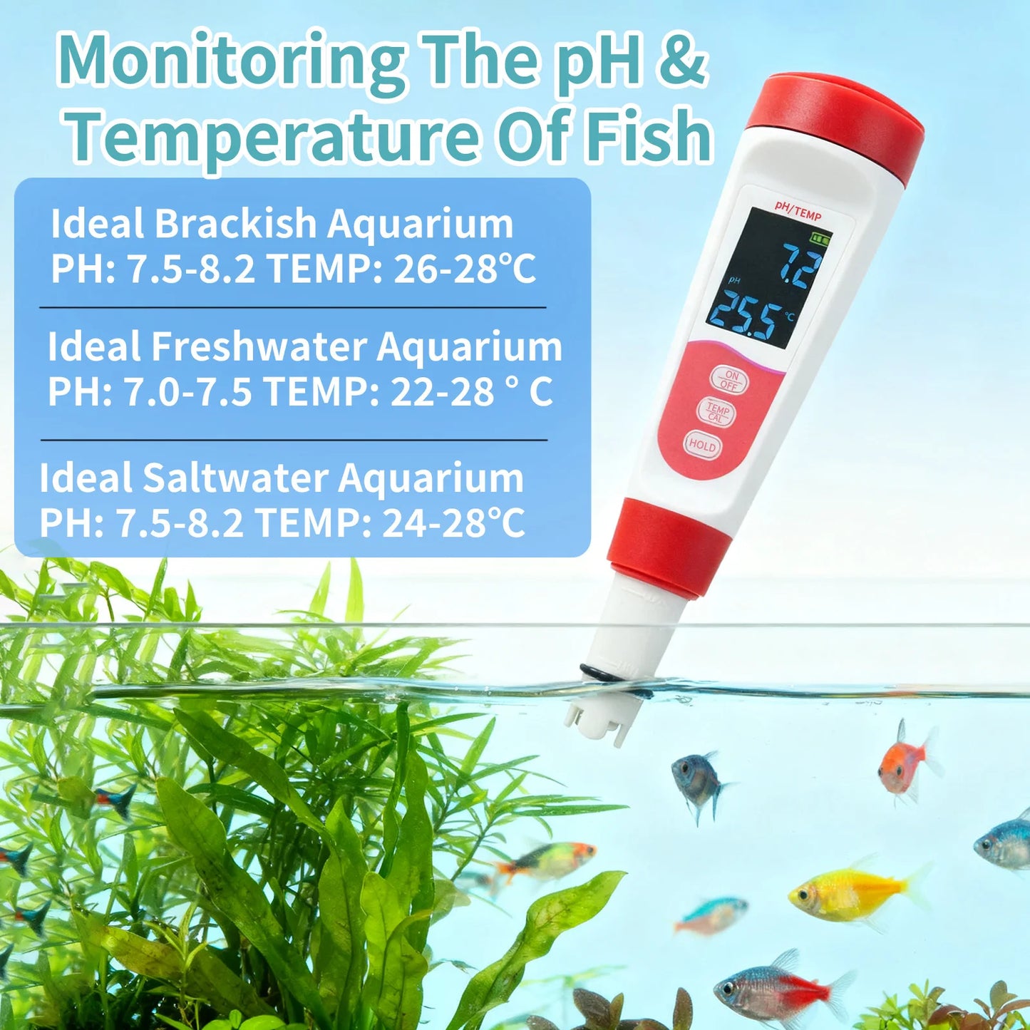 2 in 1 PH Temperature Tester LED Display Water Quality Monitor Testing Pen For Pool, Aquarium, Hot Spring, Drinking Peaceful Pleasures Health and Wellness