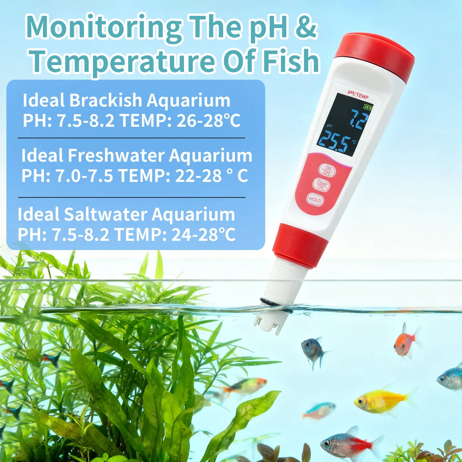2 in 1 PH Temperature Tester LED Display Water Quality Monitor Testing Pen For Pool, Aquarium, Hot Spring, Drinking Peaceful Pleasures Health and Wellness