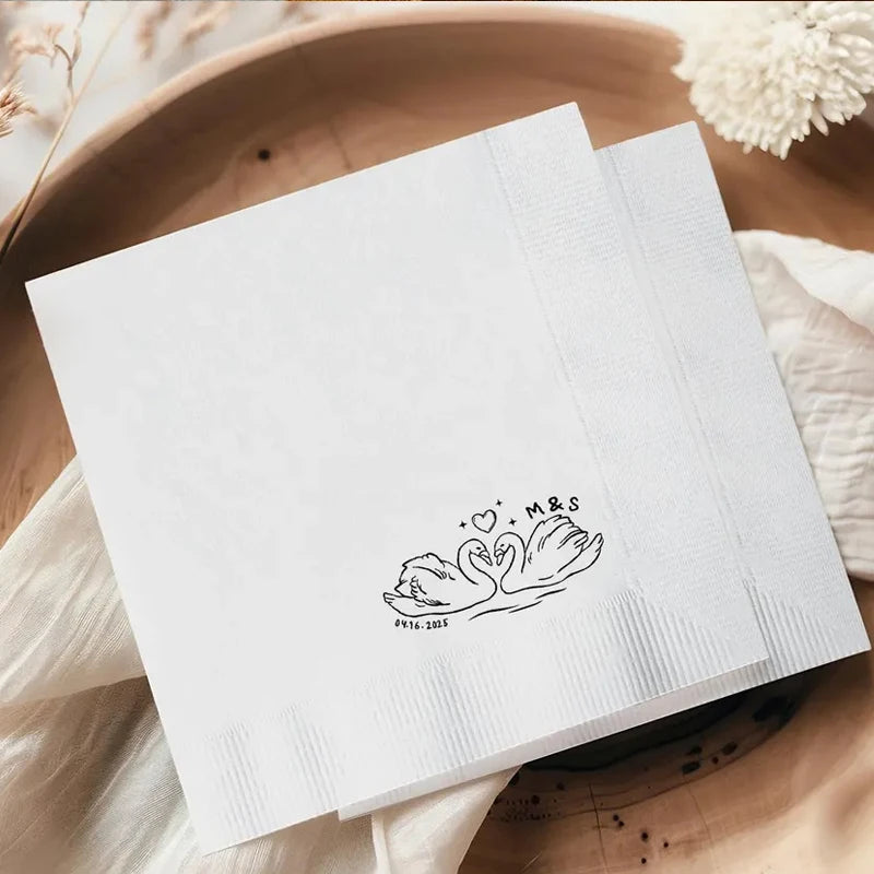 20 Personalized Swan Heart Wedding Napkins | Custom Monogram