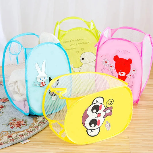 Cartoon Printed Foldable Laundry Basket Nylon Mesh Dirty Clothes Hamper Simple Modern Fabric Storage Bin for Home Organization Peaceful Pleasures Health and Wellness Color random Medium