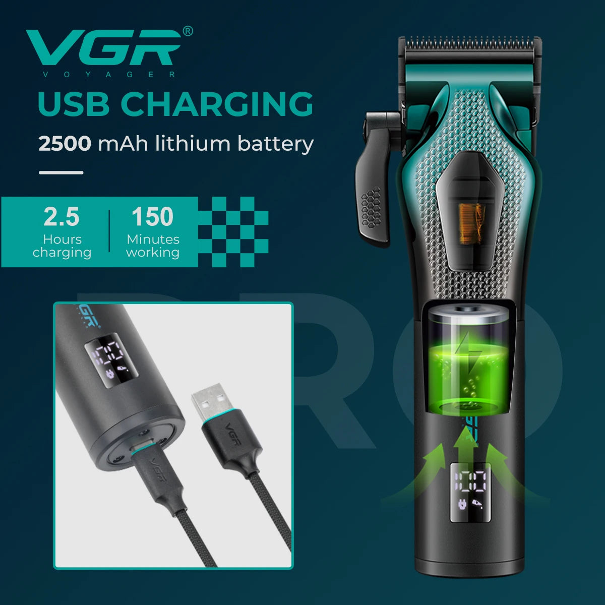 VGR high-end customized electric hair clipper gradient metal shell electric push shear intelligent control hair trimmer V-271 Peaceful Pleasures Health and Wellness