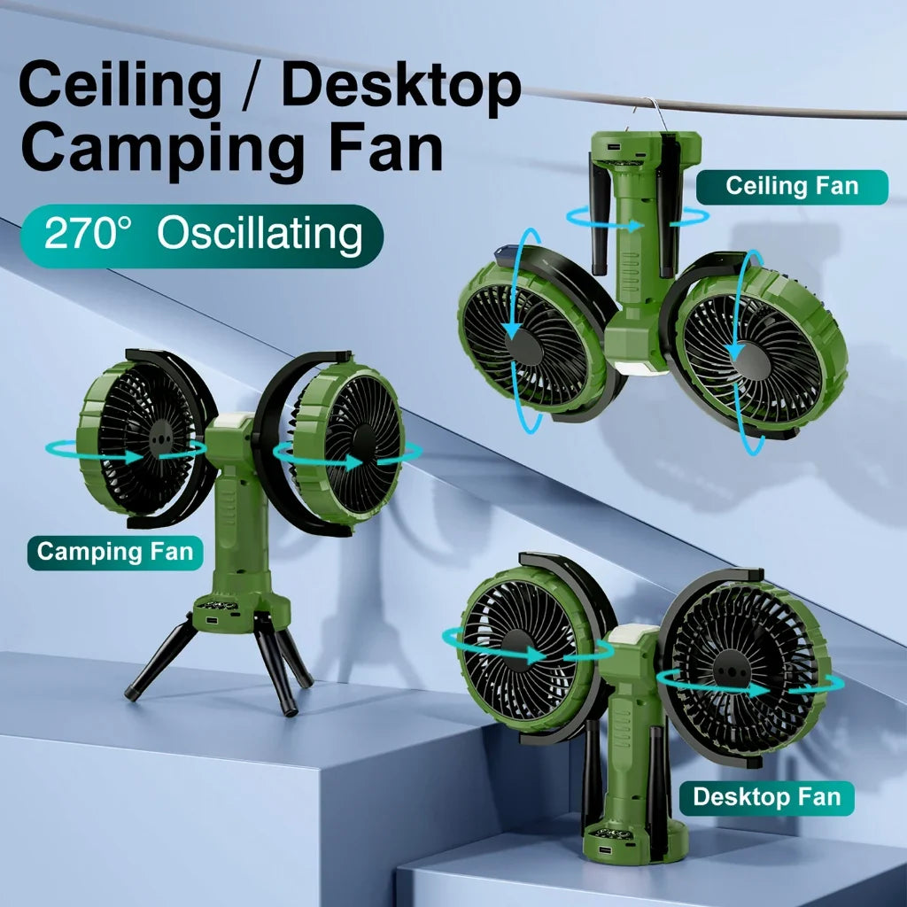 10000mAh Dual Head Fan – 4 Speeds, USB, Portable Outdoor Fan