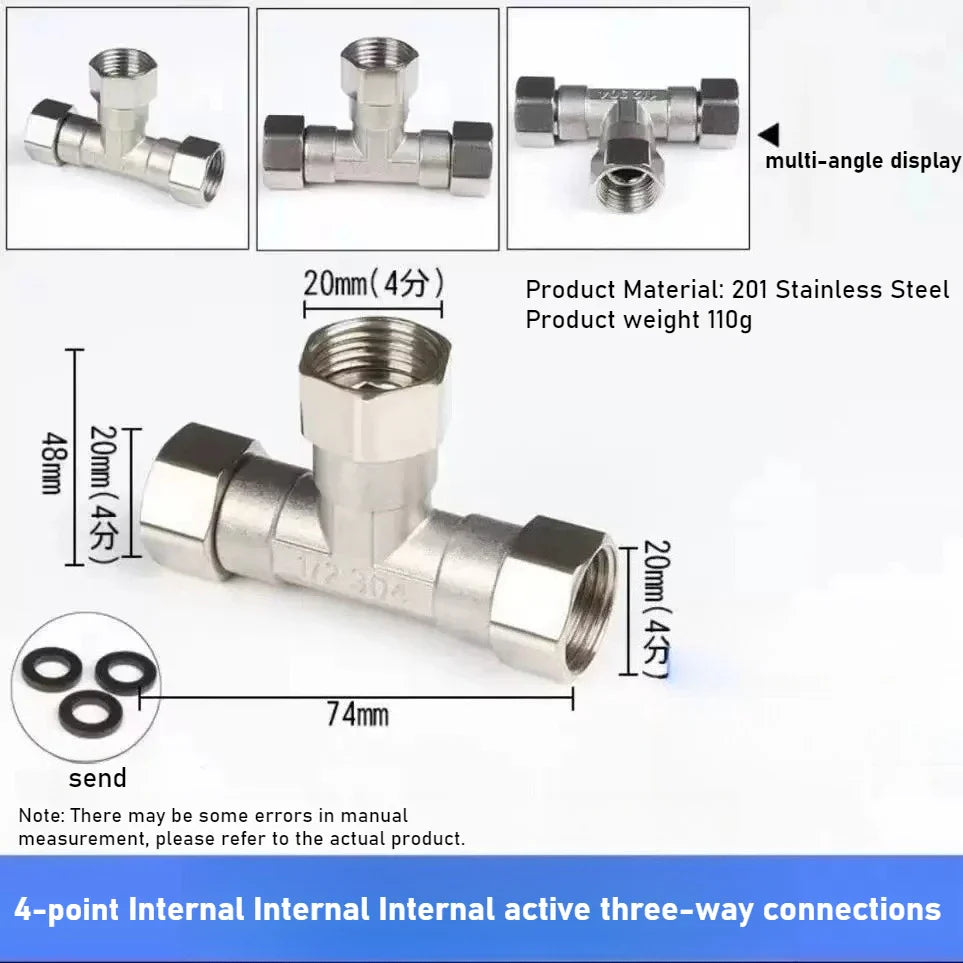 G1/2 Stainless Steel 3-Way T-Adapter Shower Water Splitter Valve
