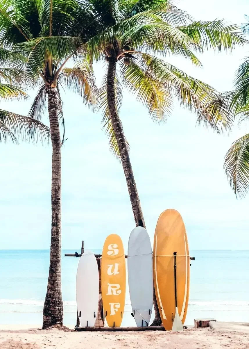 Tropical Summer Beach Sea Ocean Surfing Palm Tree Wall Art Posters Minimalist Canvas Painting for Living Room Modern Home Decor Peaceful Pleasures Health and Wellness