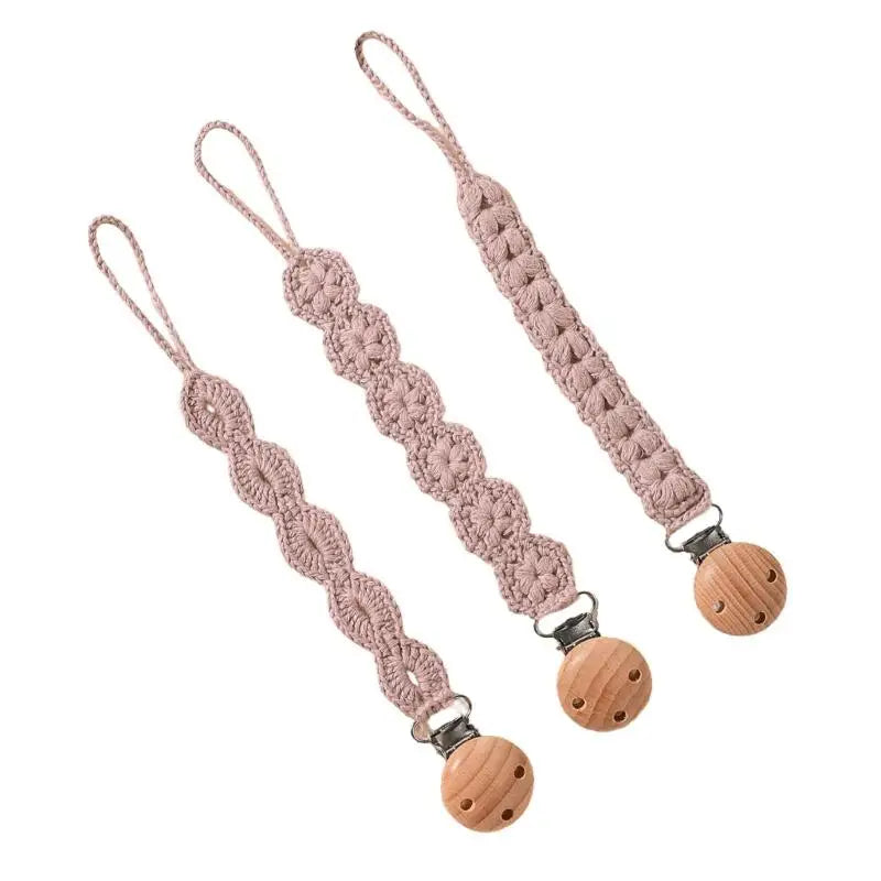 Baby Pacifier Holder Clips with Wooden Teether Beads – 3-Pack