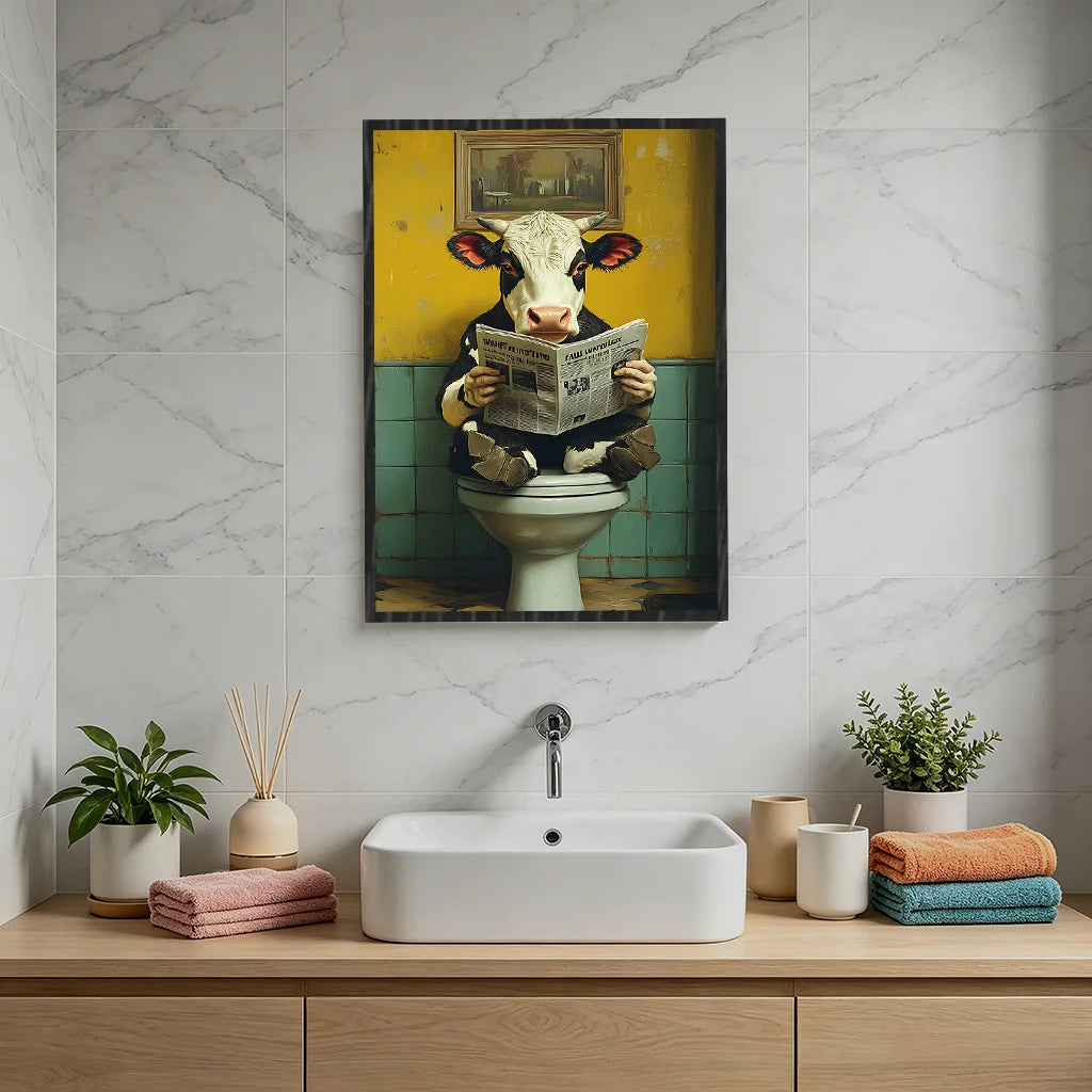 Retro Funny Cow Canvas Poster | Vintage Bathroom Wall Art Canvas Wall Art Peaceful Pleasures Health and Wellness