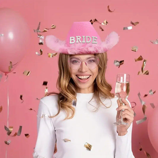 Pink Fluffy Diamanté Bride Cowboy Hat | Bachelorette Party Gift Bridal Party Hat Peaceful Pleasures Health and Wellness