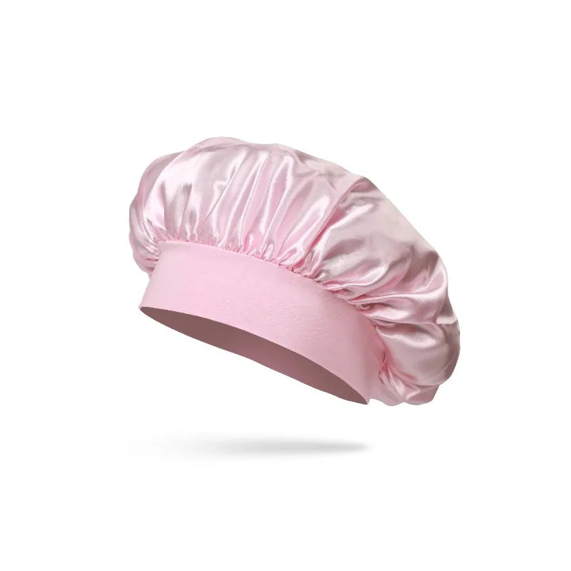 Silk Satin Bonnet for Sleeping Large Wide Soft Band Sleep Cap Women's Curly Hair Braids Protective Style Hair Accessory Peaceful Pleasures Health and Wellness Pink