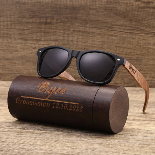 Personalized Walnut Wood Sunglasses | Groomsmen Gift Engraved Engraved Wood Sunglasses Peaceful Pleasures Health and Wellness