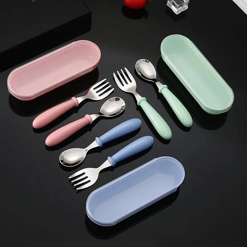 3-Piece 304 Stainless Steel Portable Cutlery Set – Fork, Spoon & Storage Box, Korean Style, Dishwasher Safe