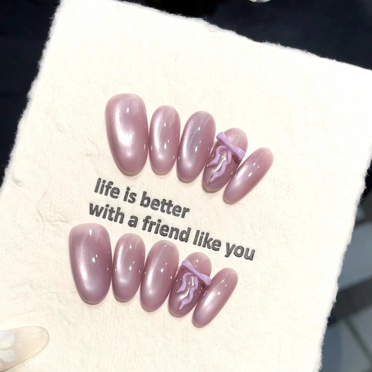 Handmade Press-On Nails | Bow Cat's Eye Blush Almond | YADORNOS