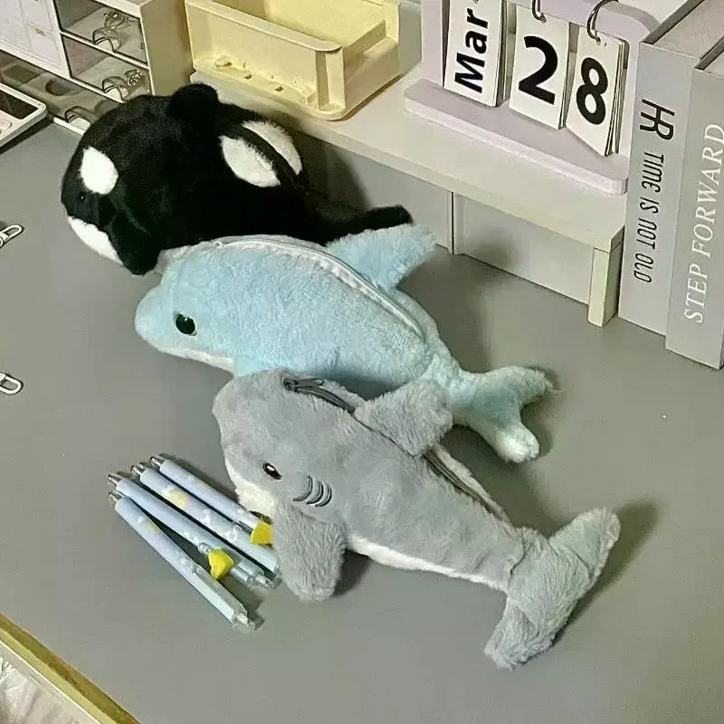Kawaii Plush Shark Dolphin Pencil Case – Cute Pen Bag
