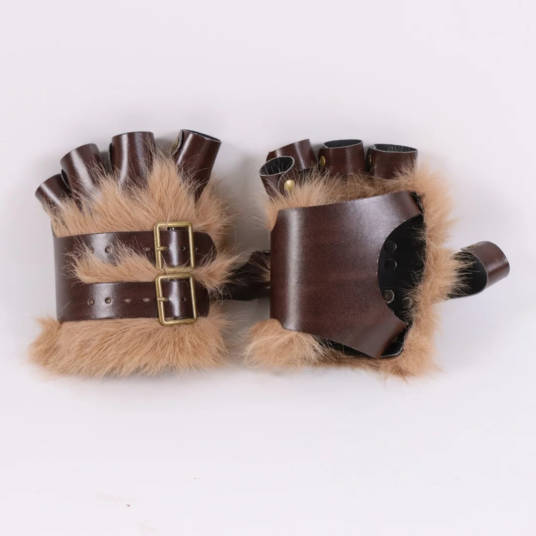 Artificial Imitation Fur PU Leather Gloves Medieval Steampunk Gothic