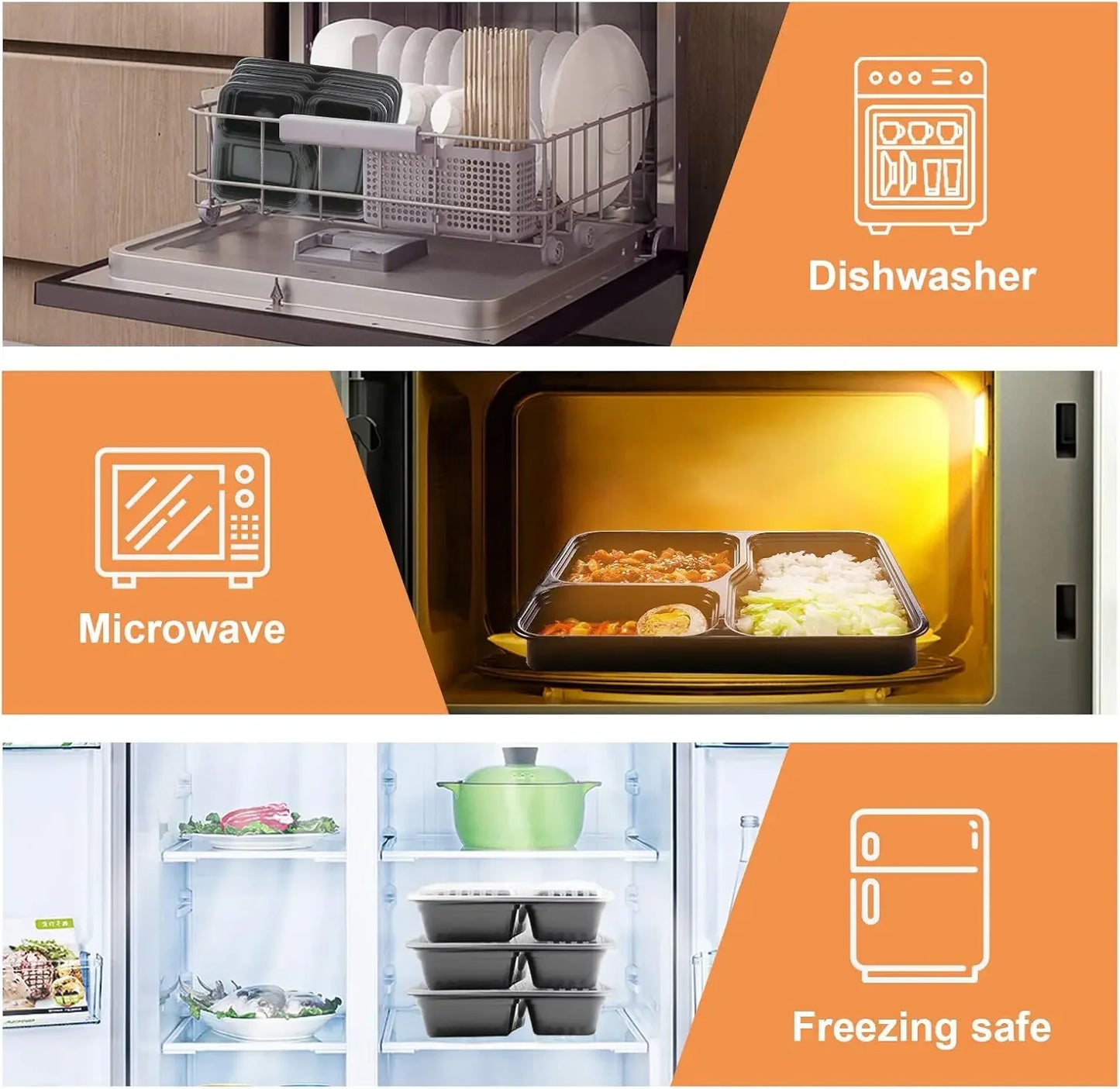 10 Pcs Portable 850ml Fresh-Keeping Box,Plastic 3 Grids Covered Lunch Box,Disposable Takeaway Food Grade Insulated Lunch Box Peaceful Pleasures Health and Wellness
