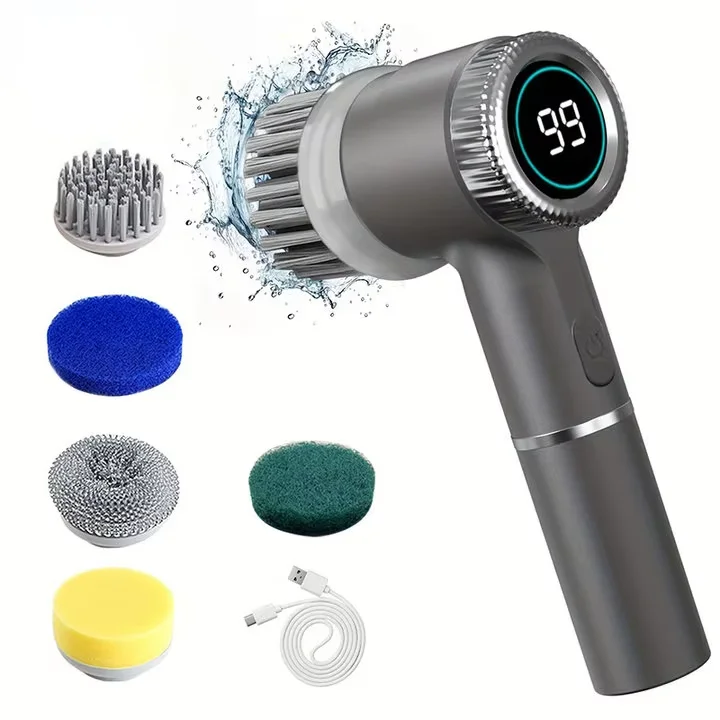Electric Spin Scrubber With 5 Replaceable Brush Head, Three-speed Adjustable Handheld Rechargeable Shower Scrubber Peaceful Pleasures Health and Wellness Grey